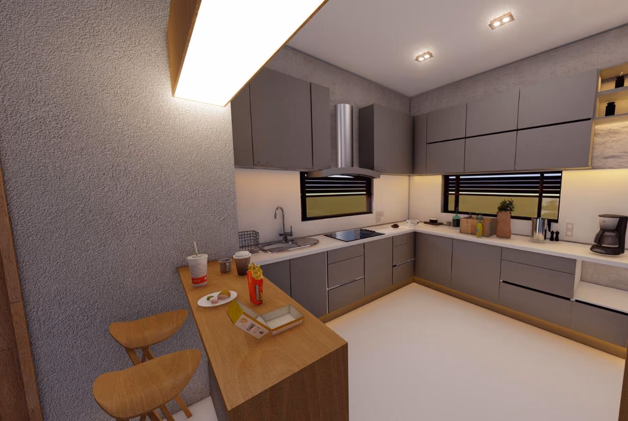 Reworked kitchen layout with a peninsula counter