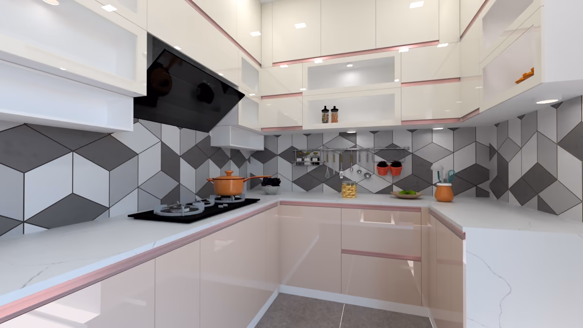 Geometric tile backsplash with high-gloss kitchen shutters