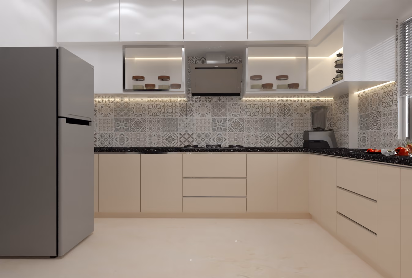Modern kitchen with a patterned tile backsplash