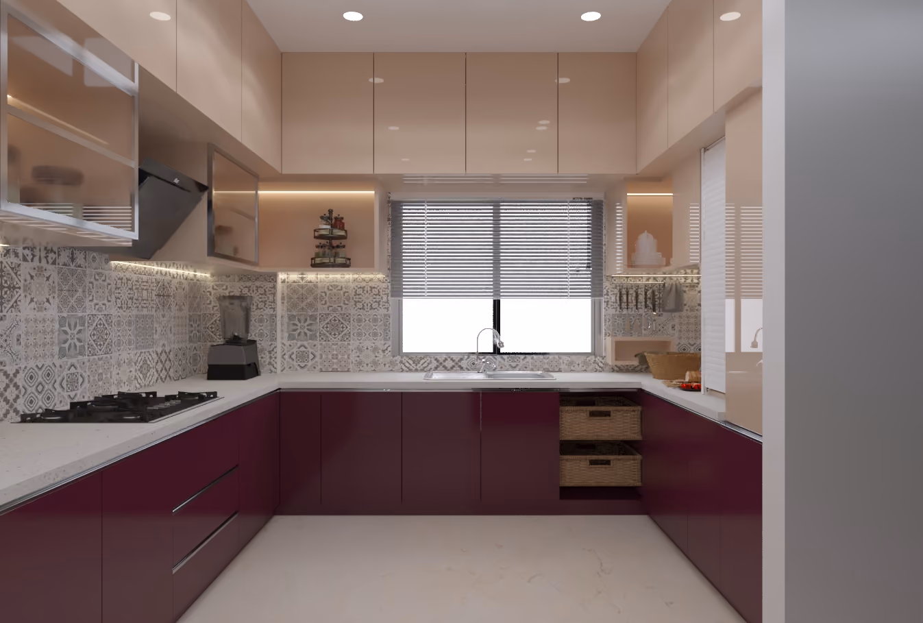 Refitted kitchen in aubergine and grey with new counters