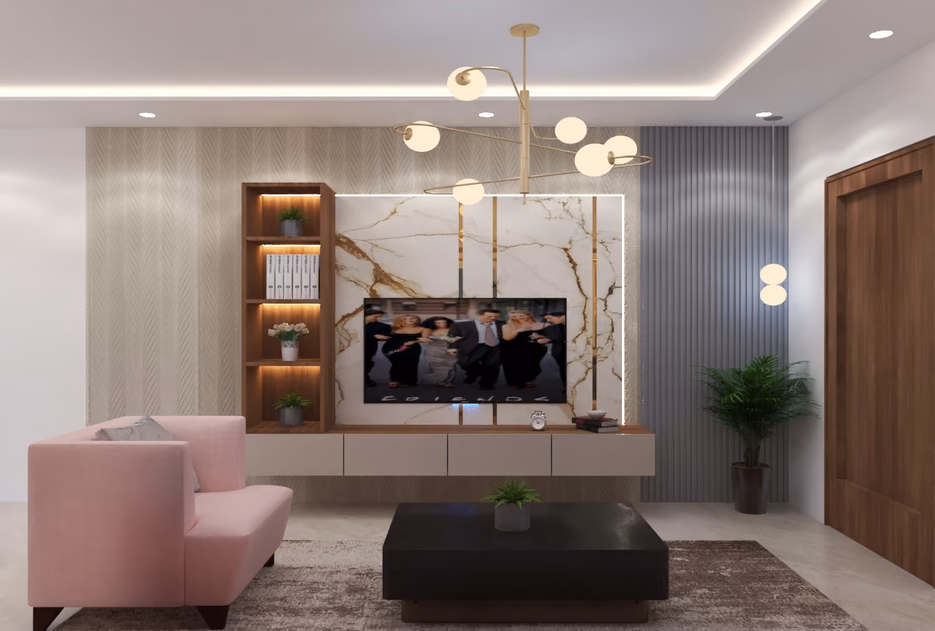 Renovated living room with a marble TV wall and new ceiling design