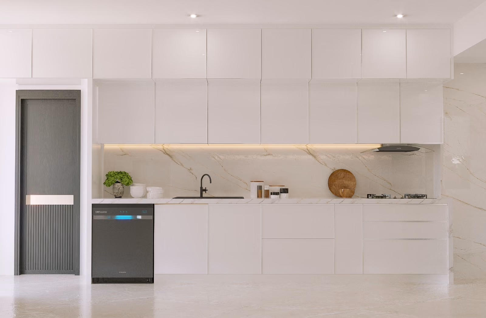 White handleless modular kitchen with an integrated dishwasher