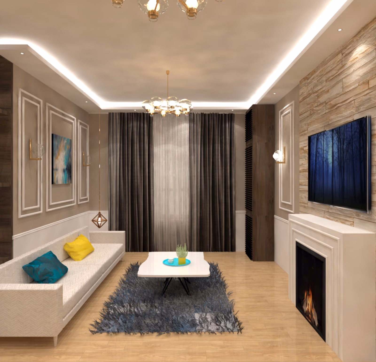 Formal living room with a marble fireplace wall and chandelier
