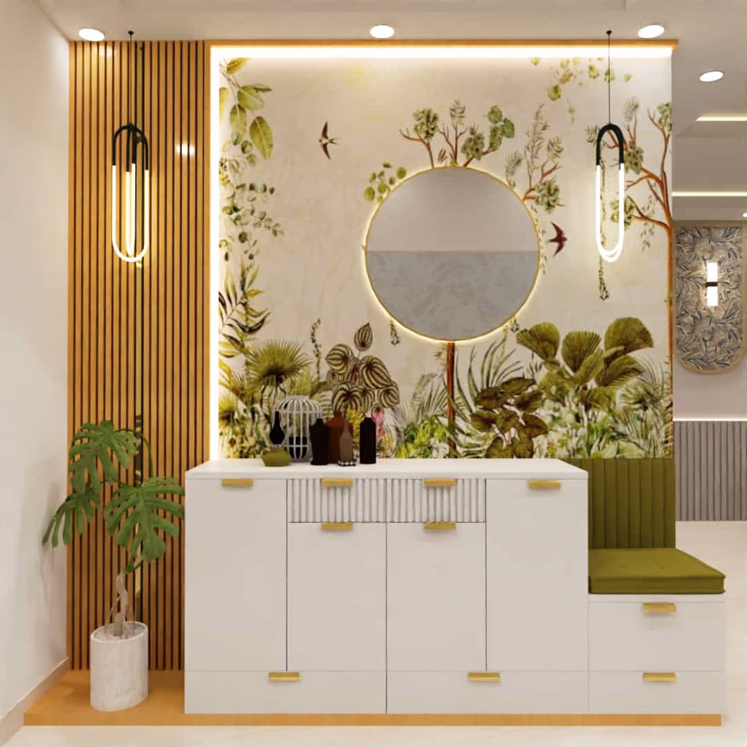 Console unit with a backlit mirror against botanical wallpaper