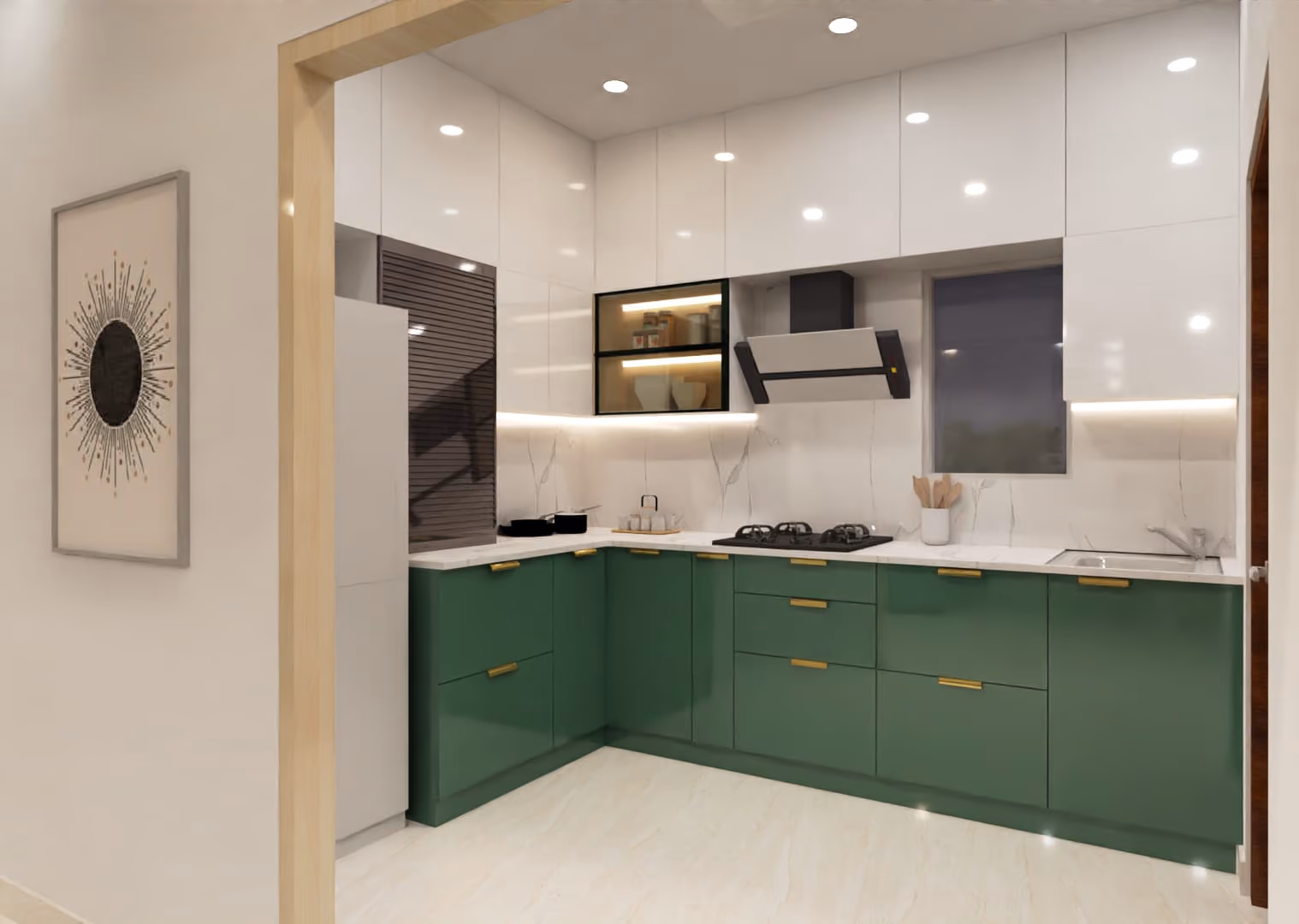 Green matte kitchen shutters against a marble-effect backsplash