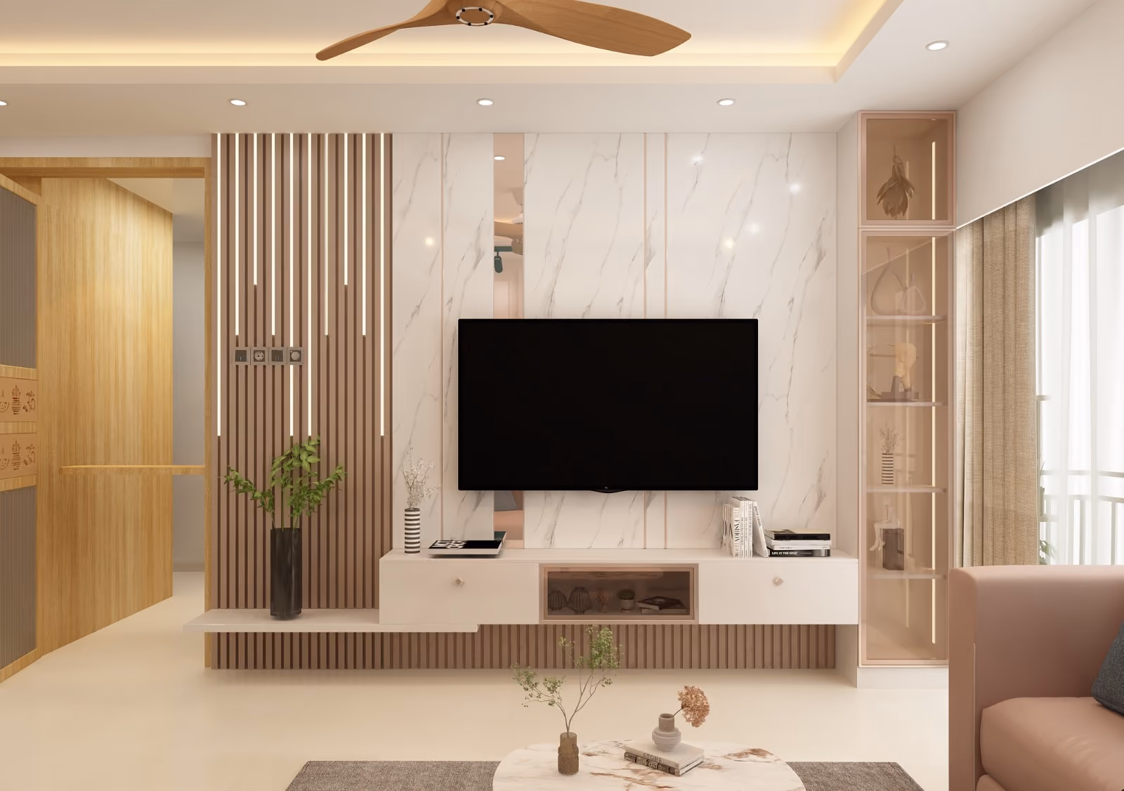 Living room TV unit with slatted wood detailing