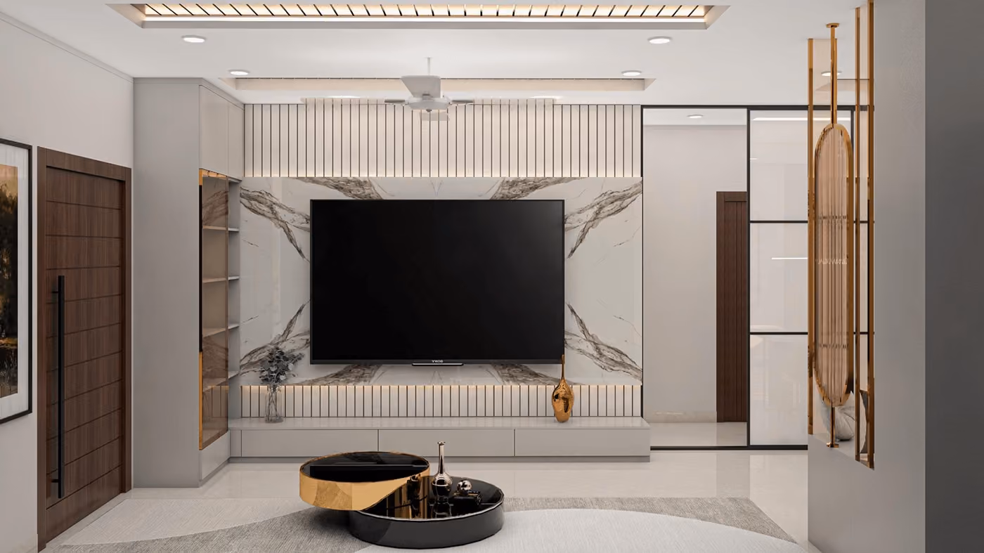 Completed living room with a marble-clad TV wall
