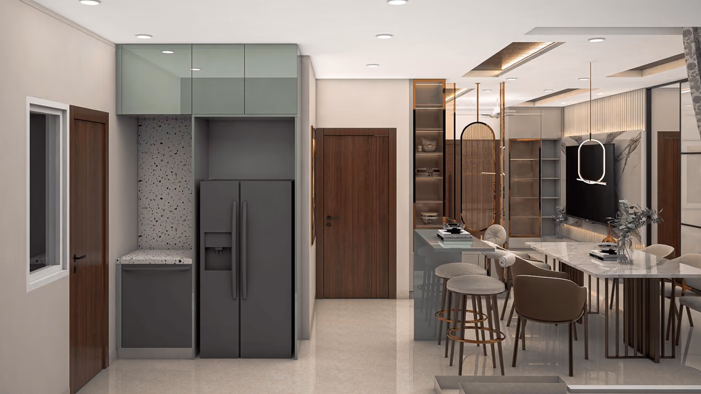 Open kitchen and breakfast counter with bar seating