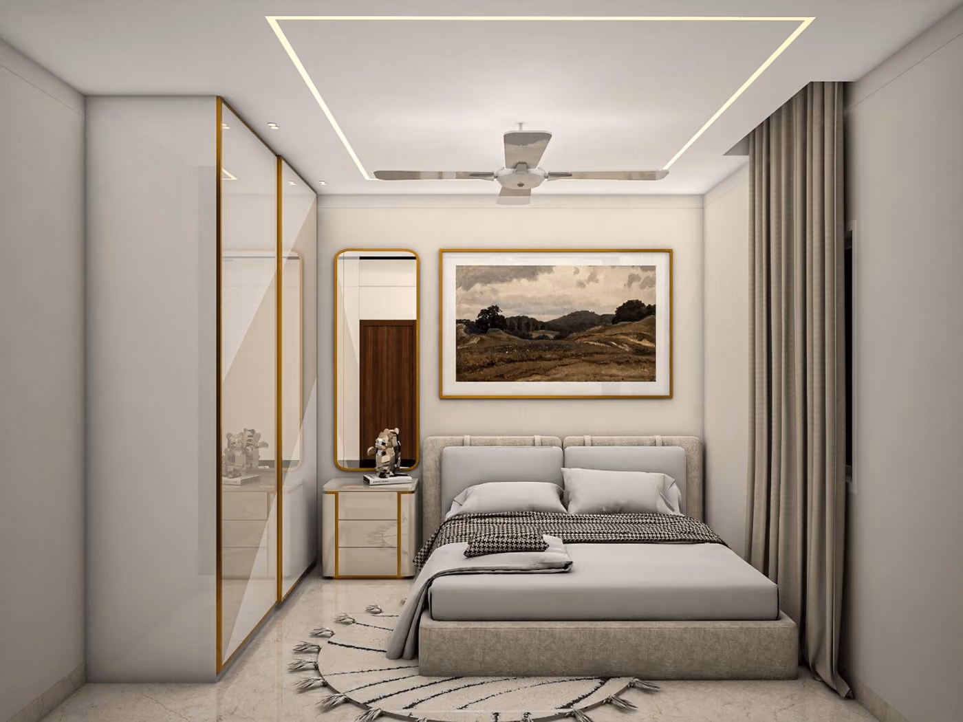 Bedroom finishes — fluted panelling, fabric and warm wood