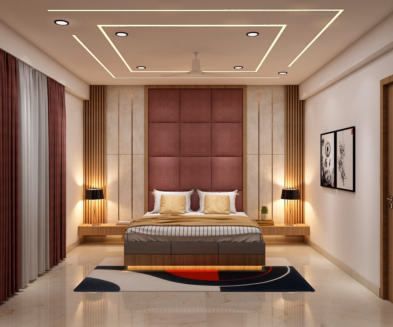 Bedroom with an upholstered headboard wall and pendant lighting