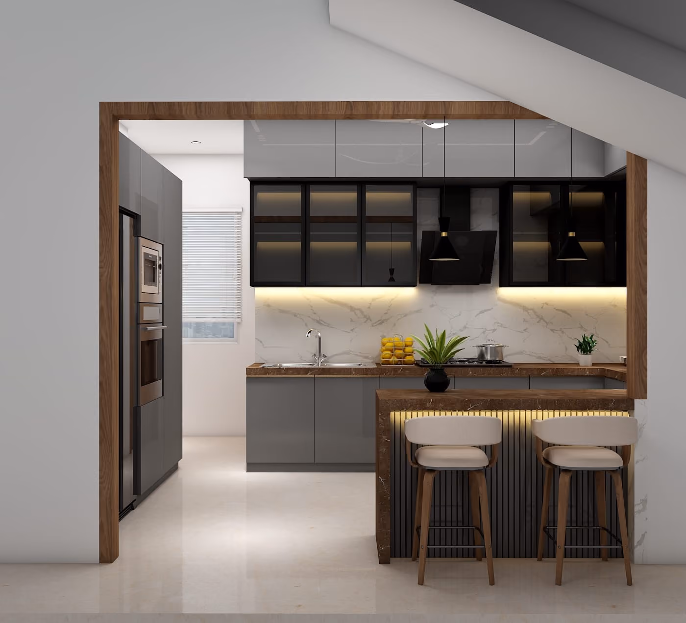 Modular kitchen with a breakfast counter and tall pantry units