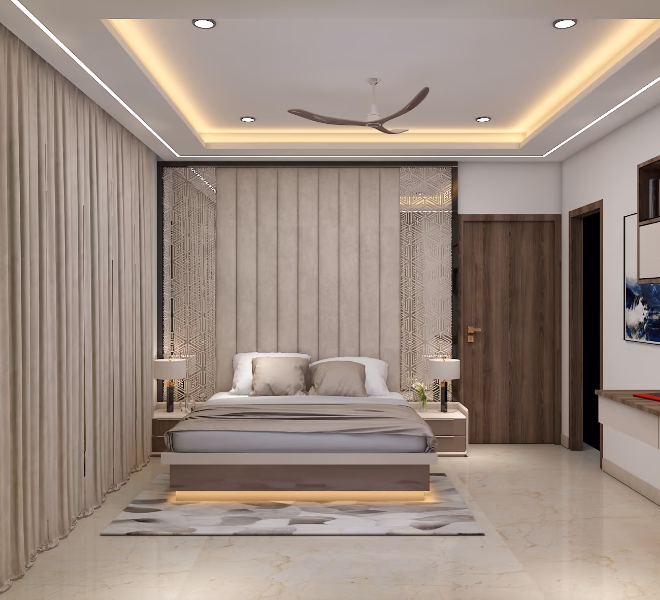 Textured wardrobe panelling running the length of a bedroom