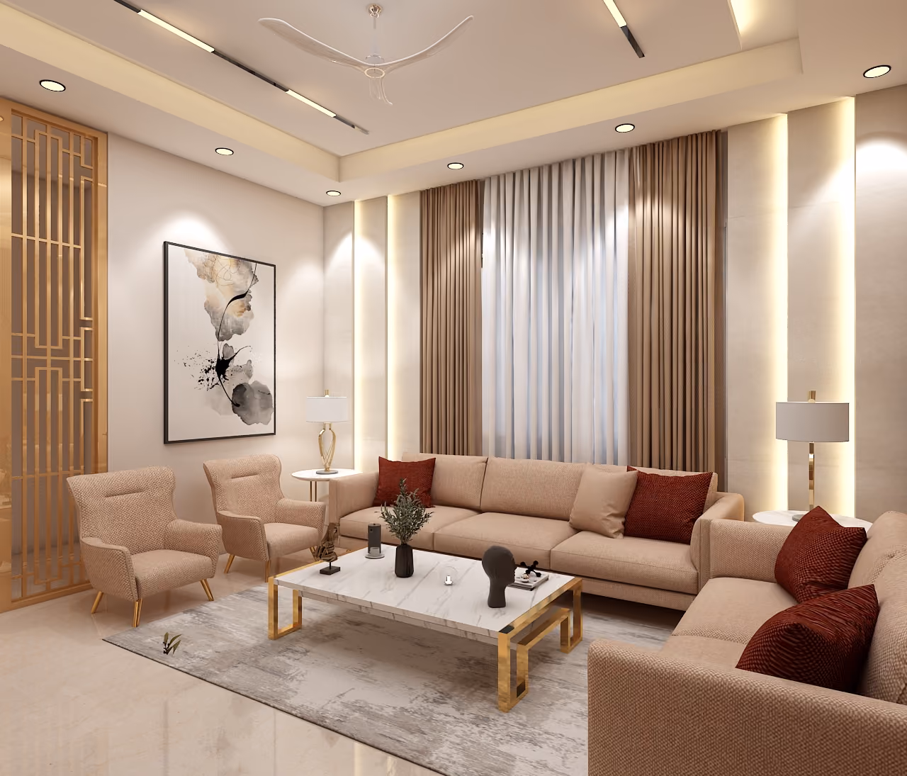 Living room with a panelled feature wall and layered lighting