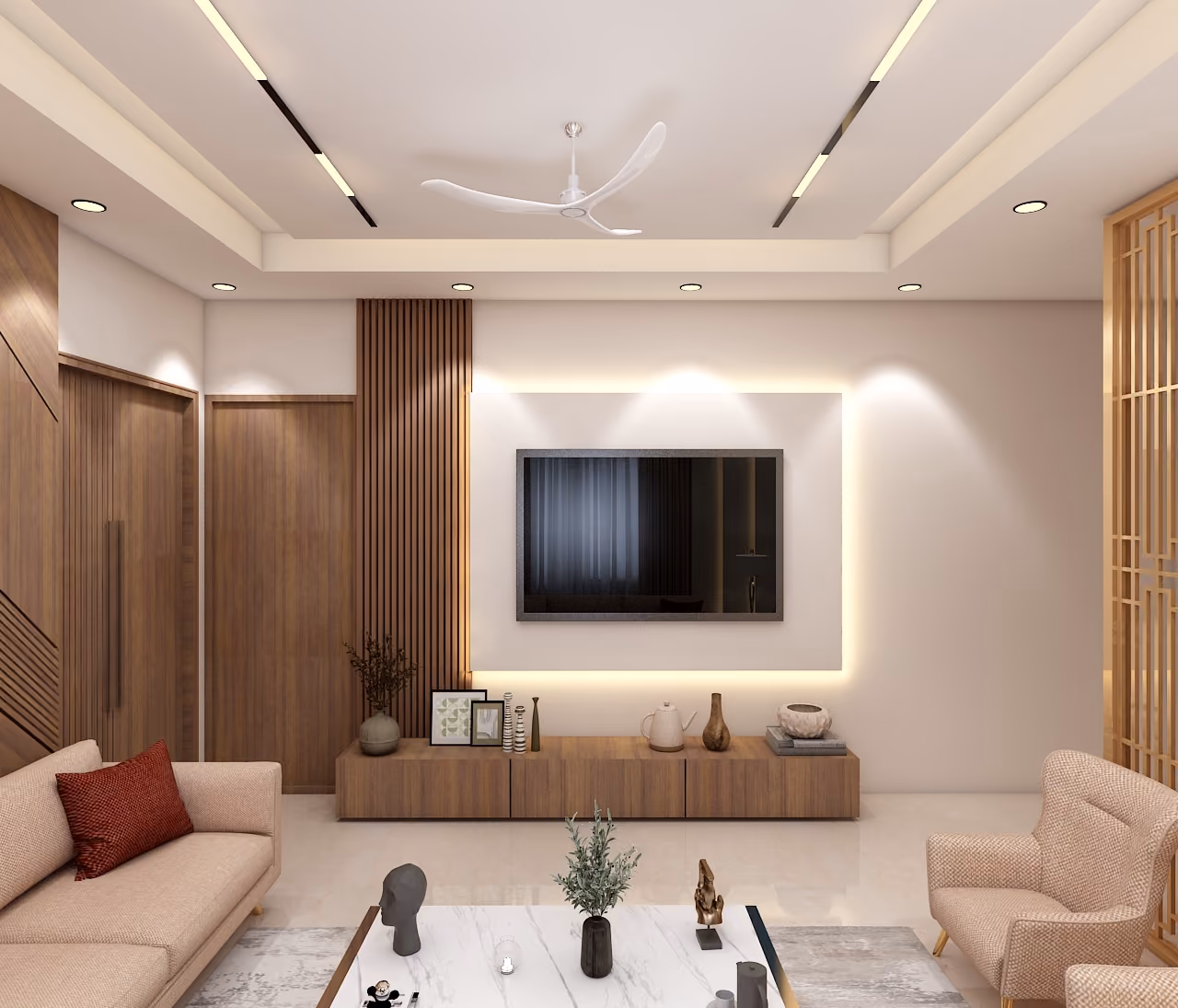Contemporary living room with wood and stone finishes