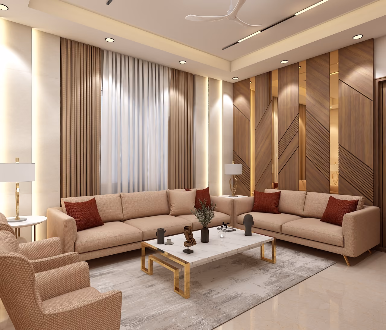 Spacious living room with sectional seating and warm lighting