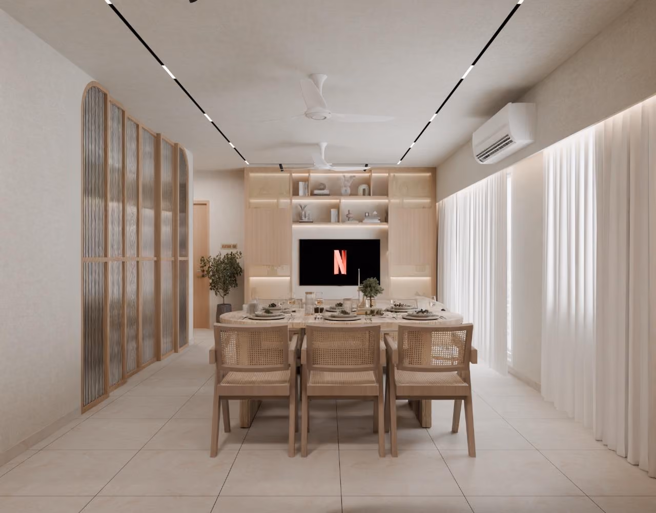 Dining room with a built-in crockery unit and panelled walls