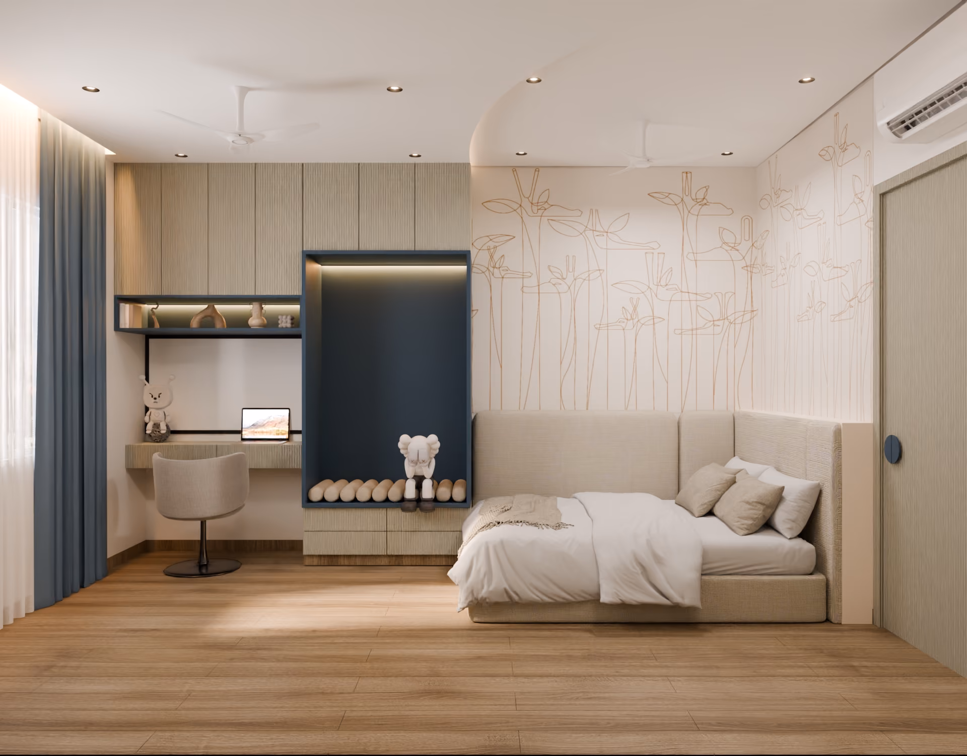 Bedroom with floor-to-ceiling wardrobes and brass handles