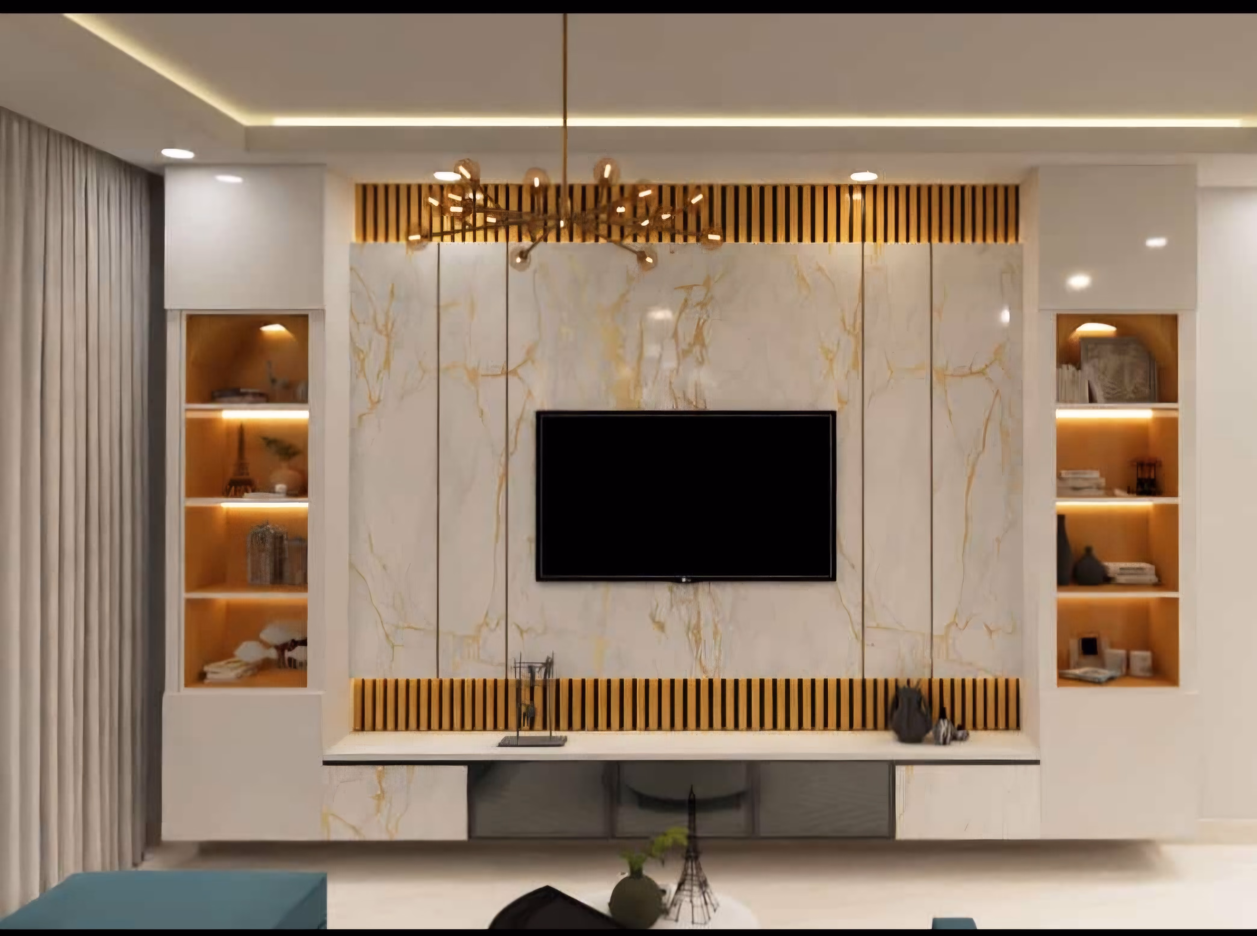 Marble and wood TV unit in a completed living room